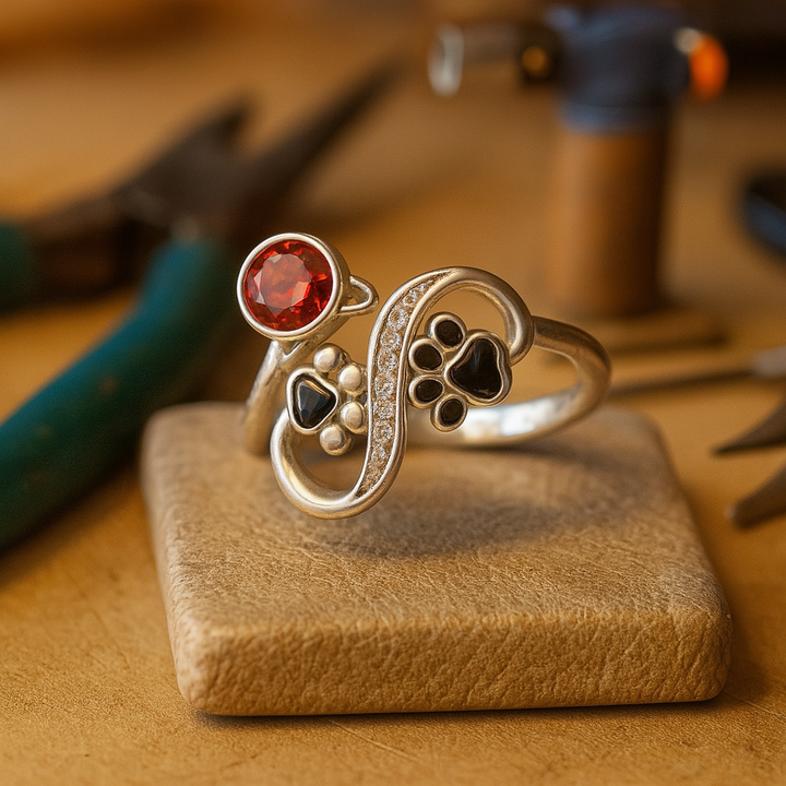 Anello regolabile con impronte di zampe nere e gemma rossa