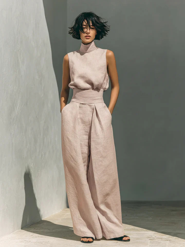 Flor™ | Ensemble minimaliste pour femme composé d'un chemisier sans manches et d'un pantalon large en coton et lin