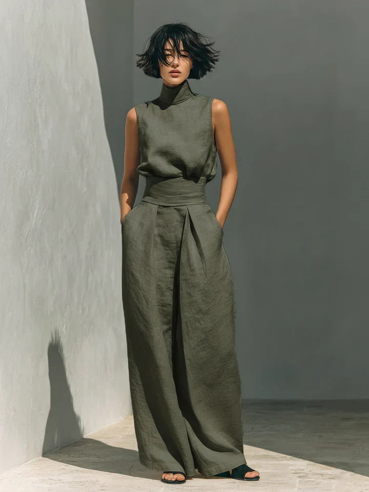 Flor™ | Ensemble minimaliste pour femme composé d'un chemisier sans manches et d'un pantalon large en coton et lin