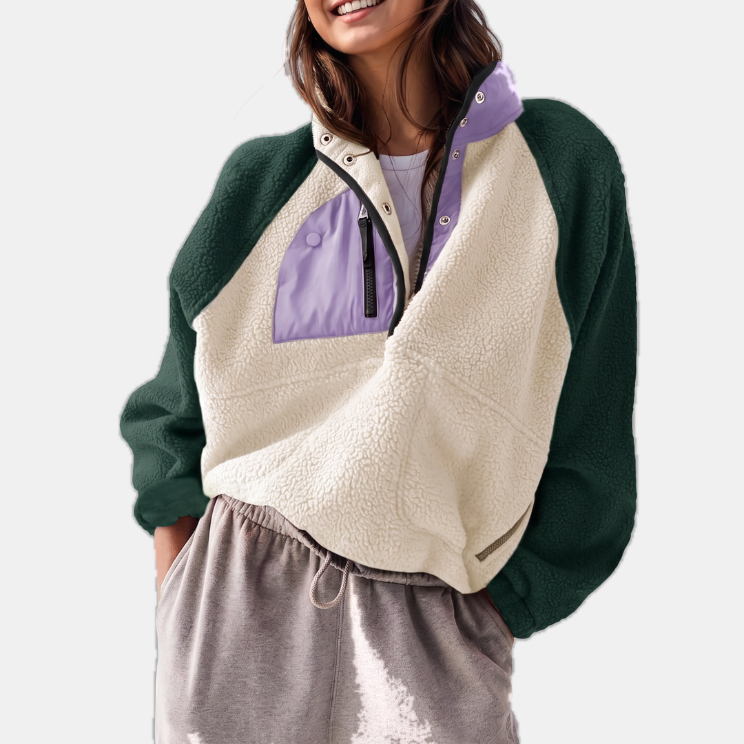 Veste-pull en polaire colorblock à demi-boutons-pression pour femme