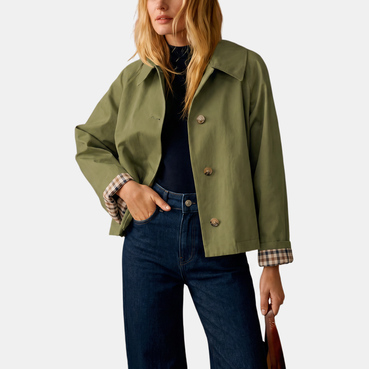 Trench-coat court pour femme avec doublure à carreaux et boutons dorés