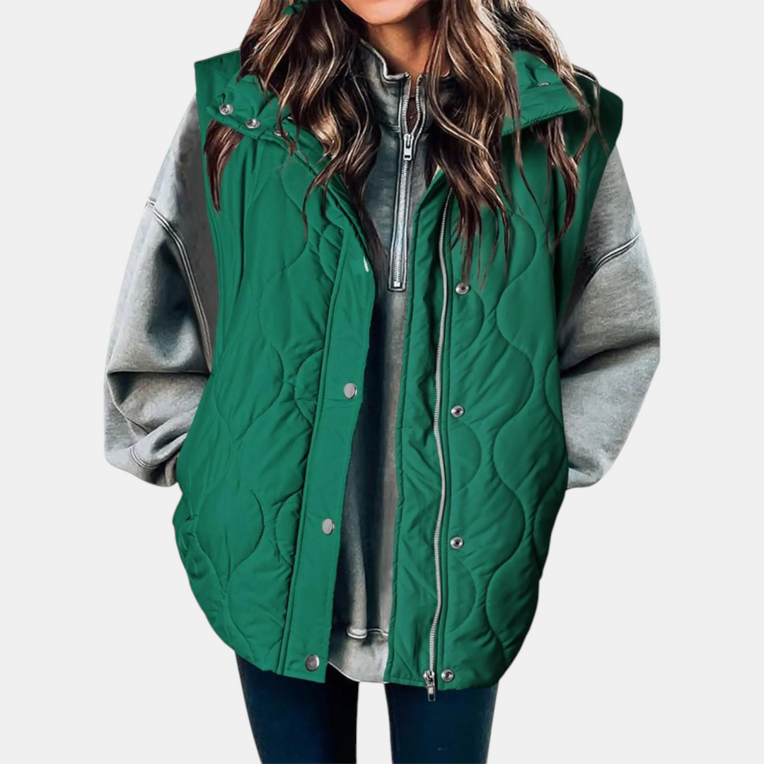 Gilet imbottito da donna Freja I, design trapuntato con cerniera e bottoni a pressione, senza maniche