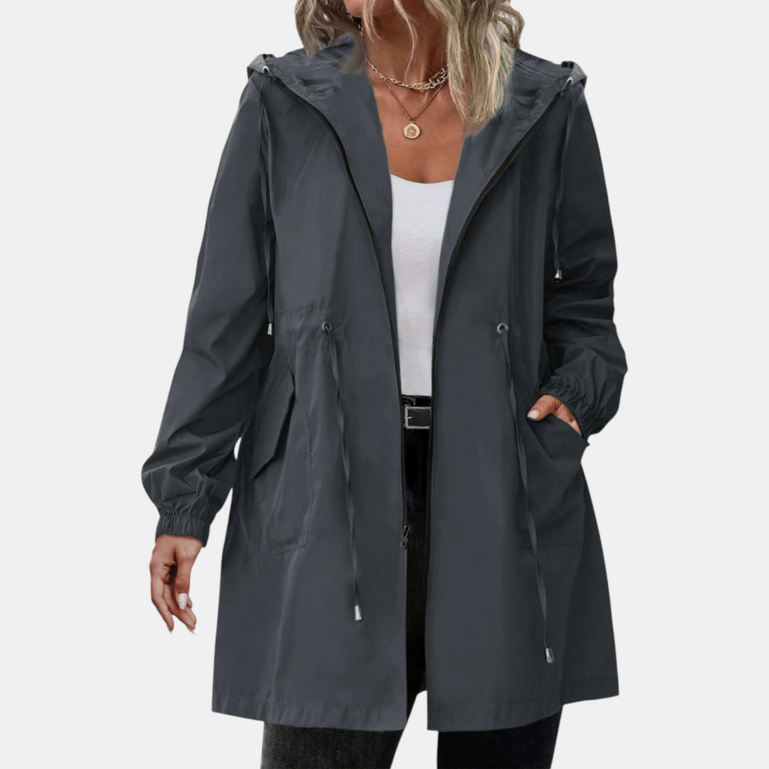 Coupe-vent pour femme avec cordon de serrage à la taille, capuche, veste longue