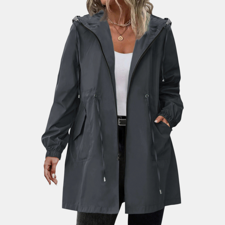 Coupe-vent pour femme avec cordon de serrage à la taille, capuche, veste longue