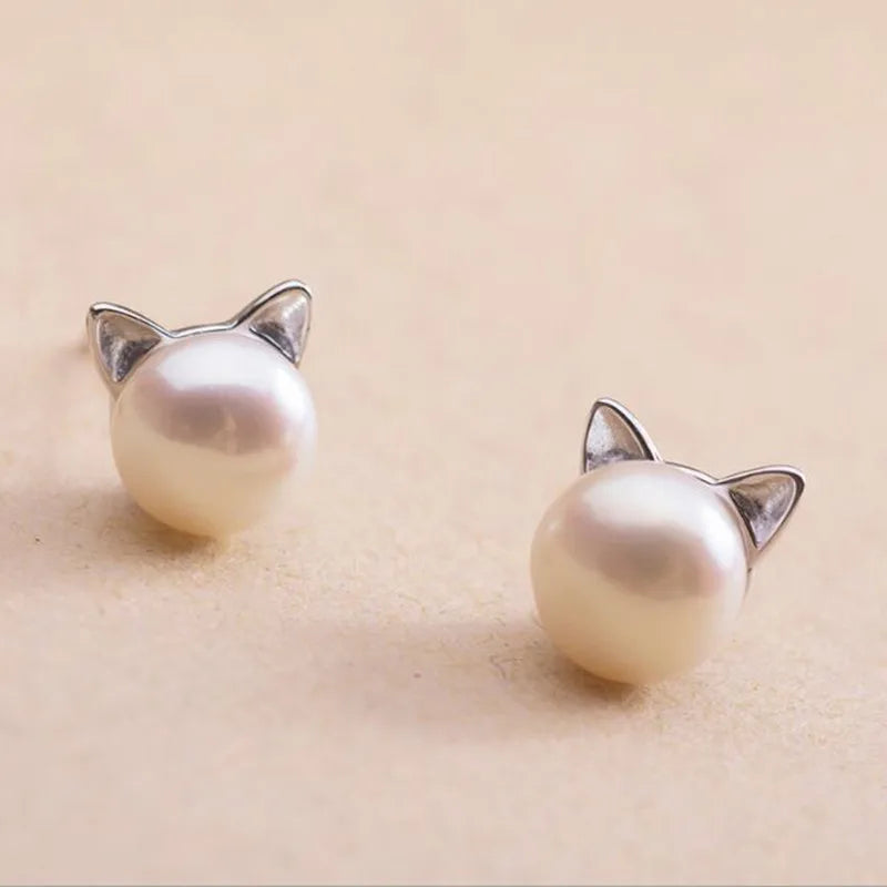 Boucles d'oreilles en argent sterling avec perle en forme de chat