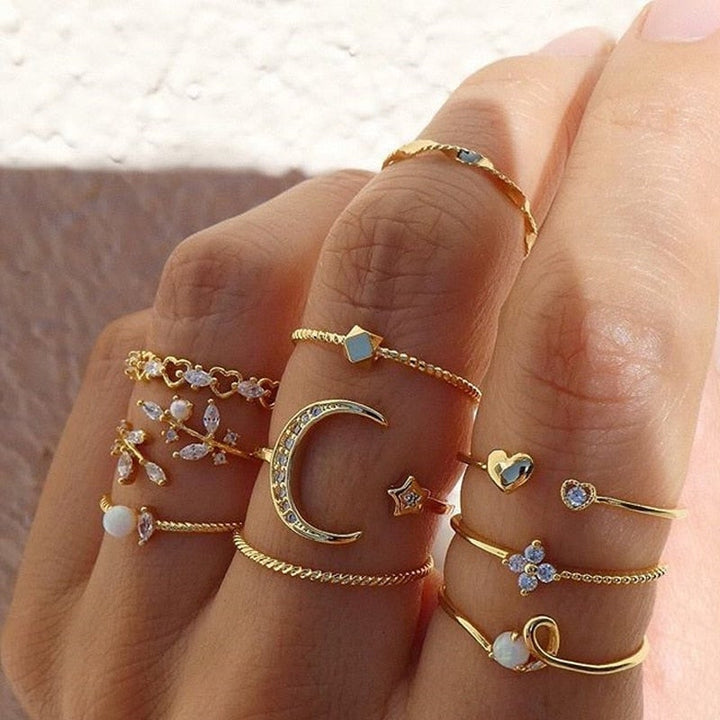 Set di 10 anelli bohémien in argento e oro