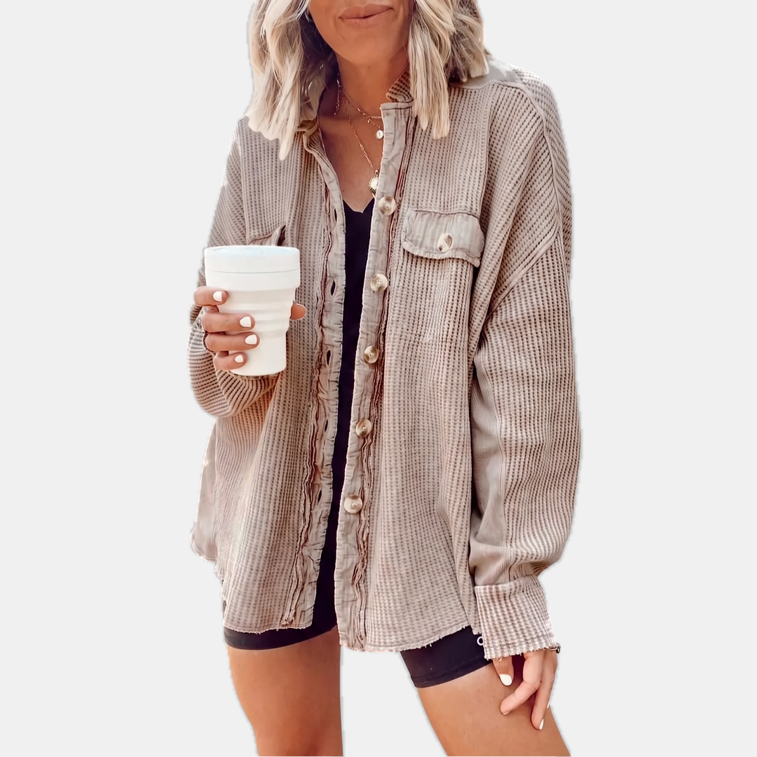 Surchemise oversize boutonnée en maille gaufrée à bord franc pour femme