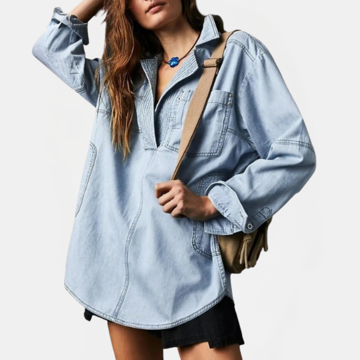 Camicia pullover in denim oversize con scollo a V da donna
