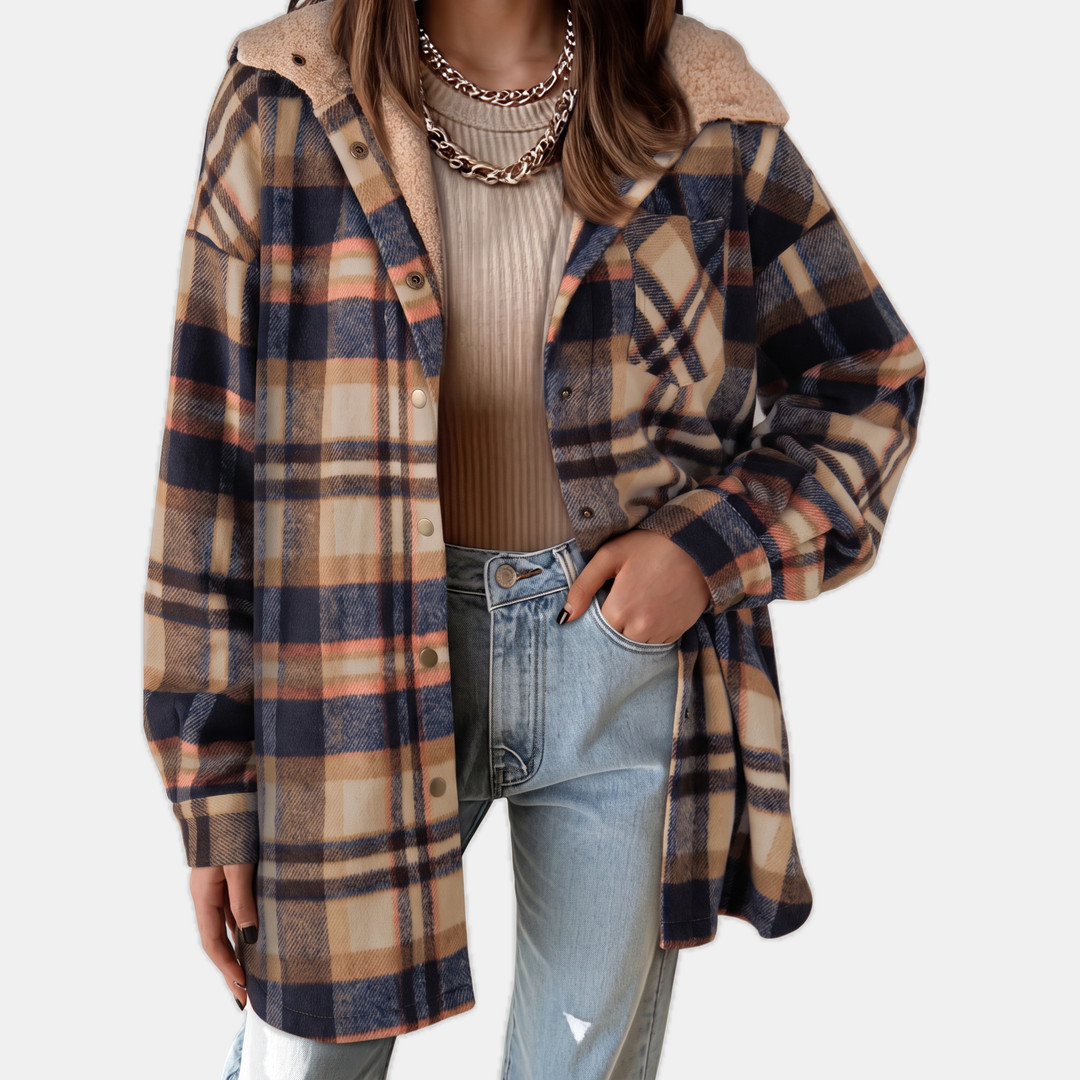 Giacca camicia da donna in flanella a quadri con cappuccio e fodera in pile