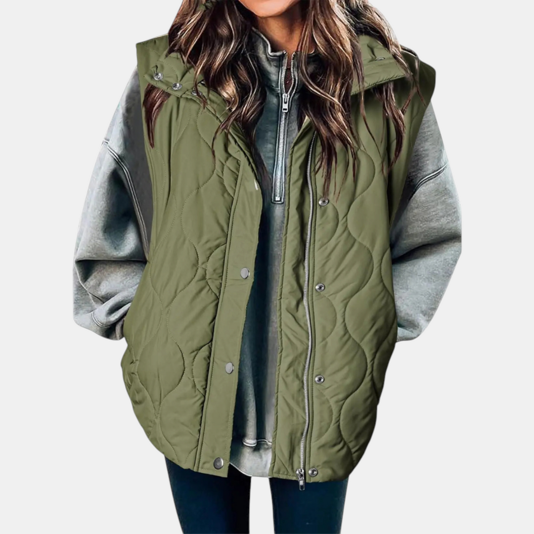 Gilet imbottito da donna Freja I, design trapuntato con cerniera e bottoni a pressione, senza maniche