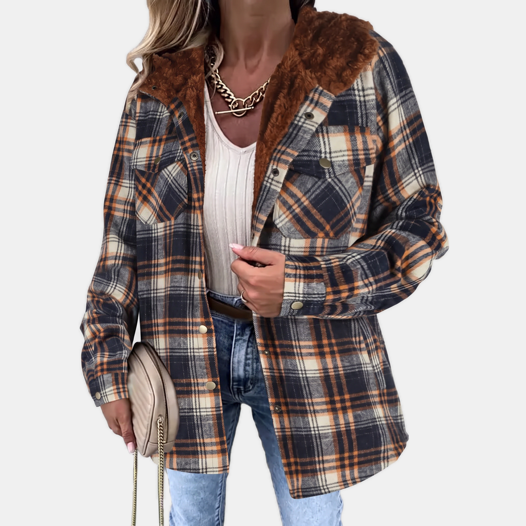 Giacca camicia da donna in flanella a quadri con cappuccio in peluche e bottoni a pressione