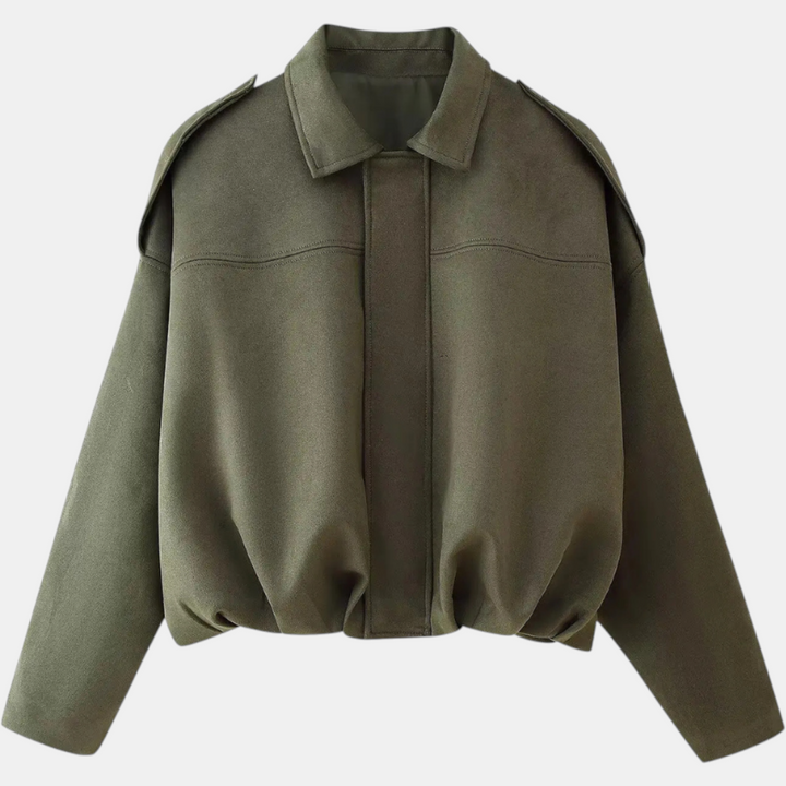 Giacca aviatore da donna in camoscio con maniche a pipistrello e orlo a blusa