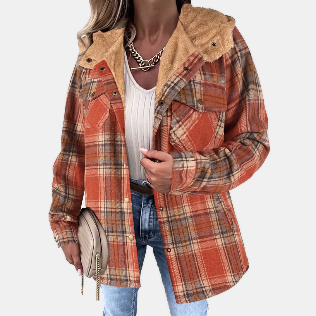 Giacca camicia da donna in flanella a quadri con cappuccio in peluche e bottoni a pressione