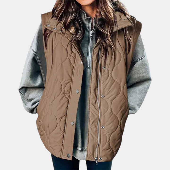 Gilet imbottito da donna Freja I, design trapuntato con cerniera e bottoni a pressione, senza maniche