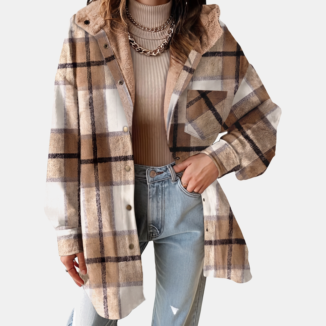 Giacca camicia da donna in flanella a quadri con cappuccio e fodera in pile