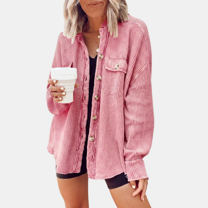 Surchemise oversize boutonnée en maille gaufrée à bord franc pour femme
