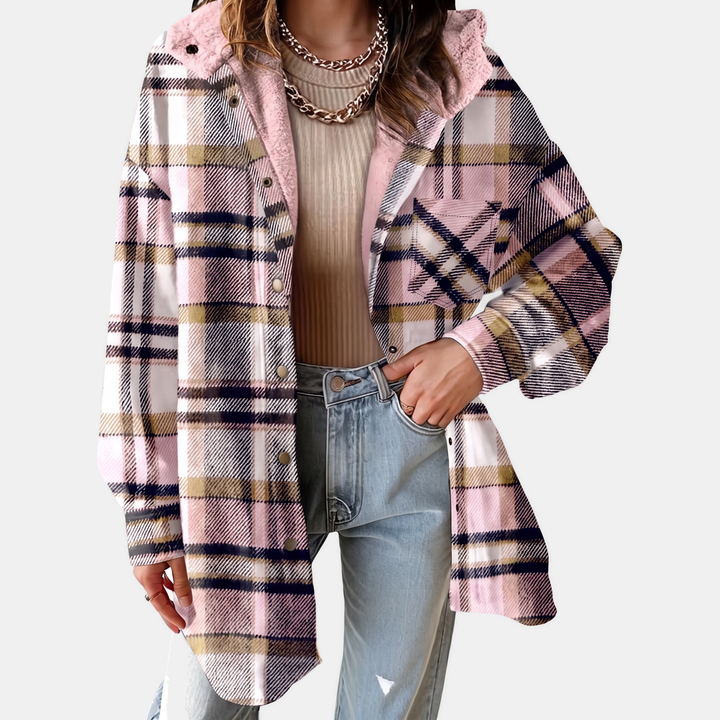 Giacca camicia da donna in flanella a quadri con cappuccio e fodera in pile