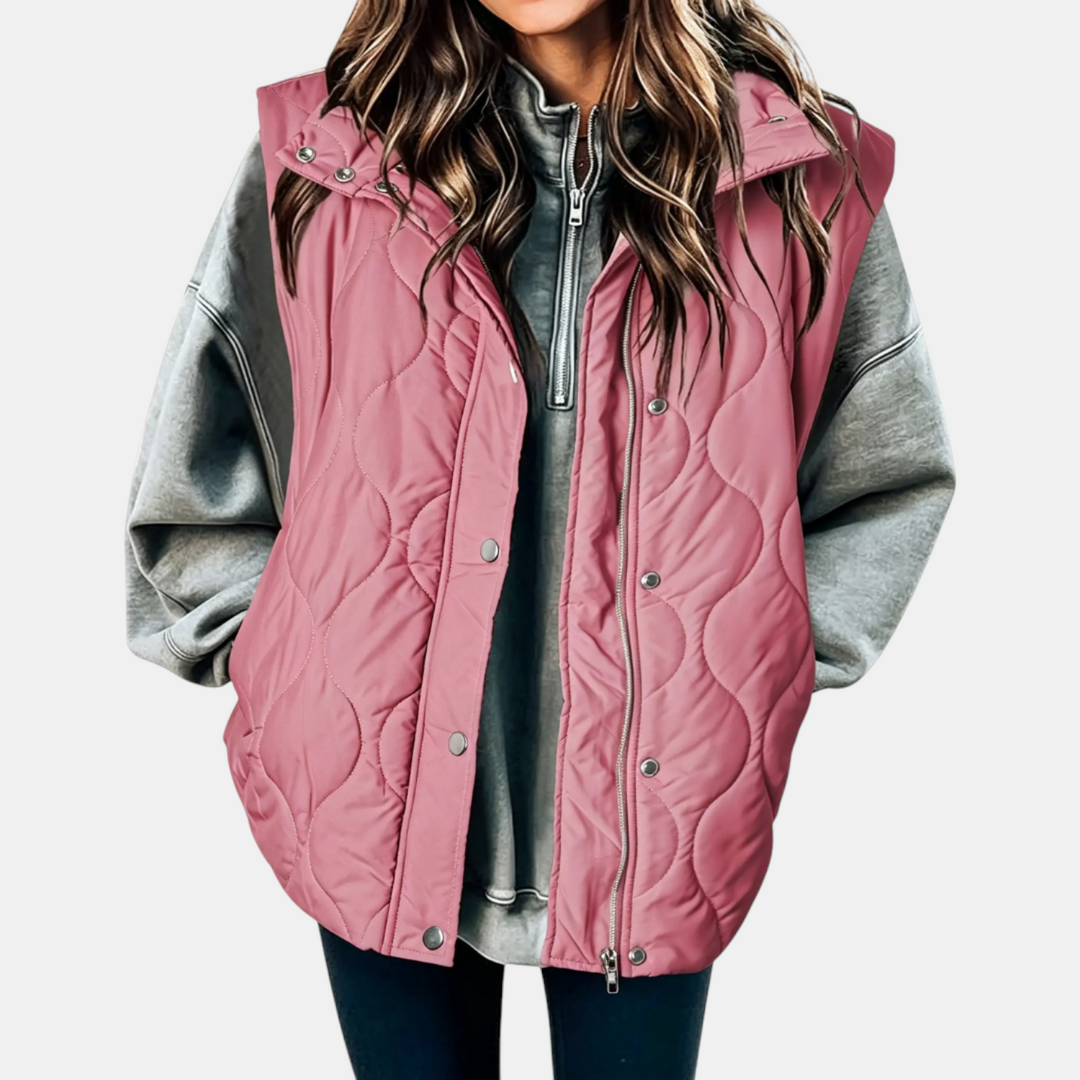 Gilet imbottito da donna Freja I, design trapuntato con cerniera e bottoni a pressione, senza maniche