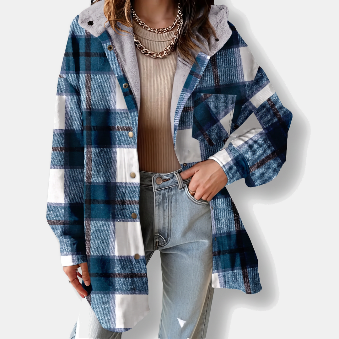 Giacca camicia da donna in flanella a quadri con cappuccio e fodera in pile