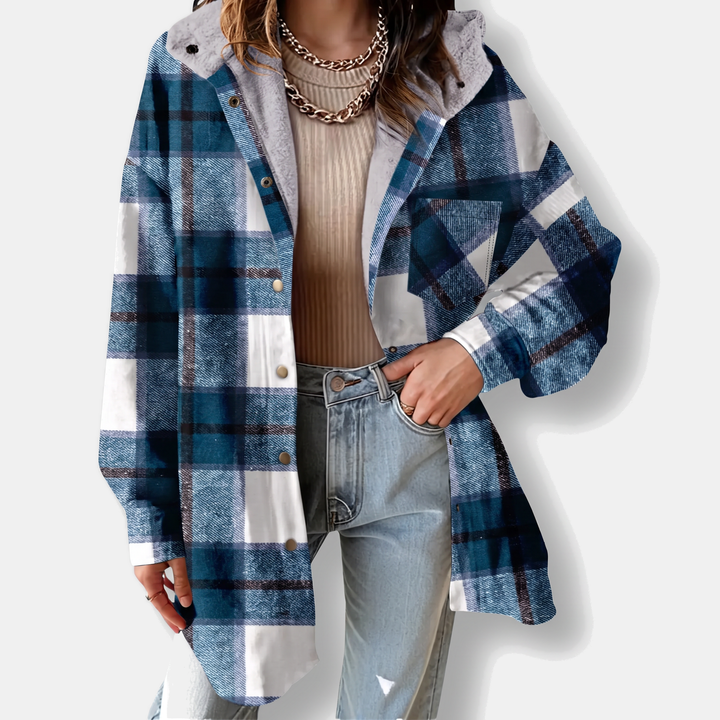 Giacca camicia da donna in flanella a quadri con cappuccio e fodera in pile