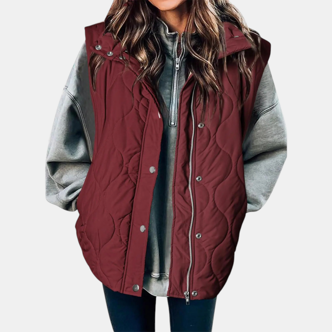 Gilet imbottito da donna Freja I, design trapuntato con cerniera e bottoni a pressione, senza maniche