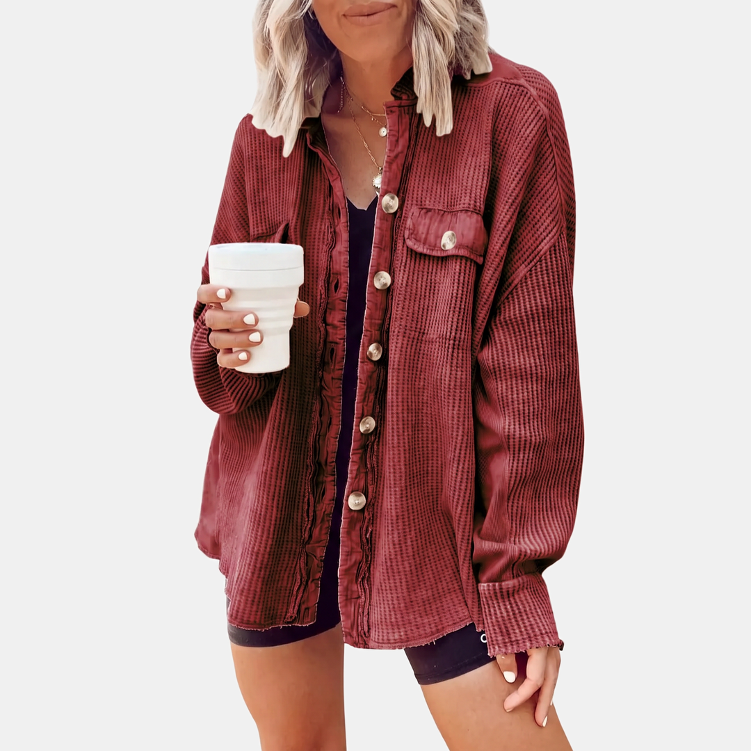 Surchemise oversize boutonnée en maille gaufrée à bord franc pour femme