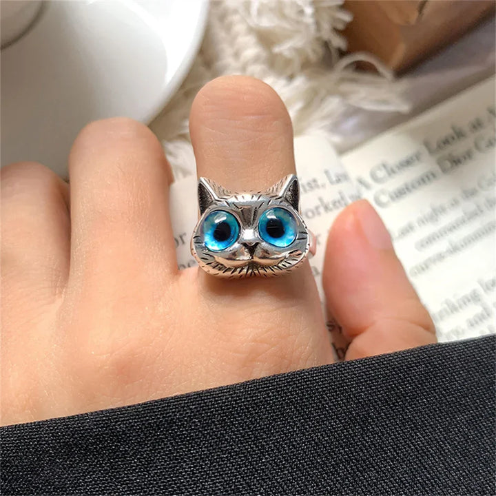 Bague avec chat et yeux bleus – Bague en argent vintage ludique avec animal pour amoureux des chats