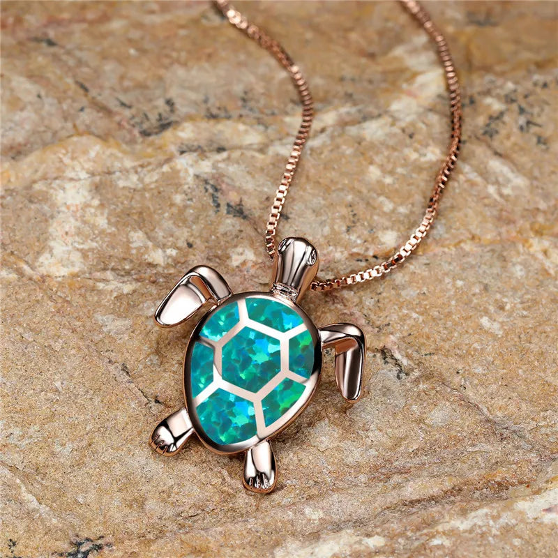 Vintage Collier Pendentif Schildkröte aus Grüner Feueropal