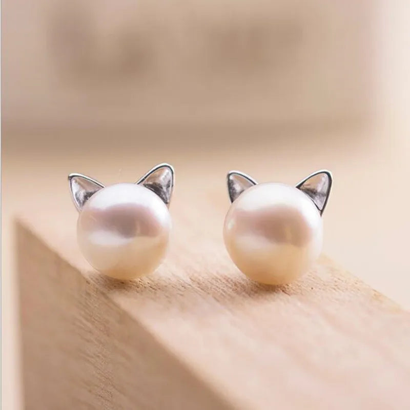 Boucles d'oreilles en argent sterling avec perle en forme de chat