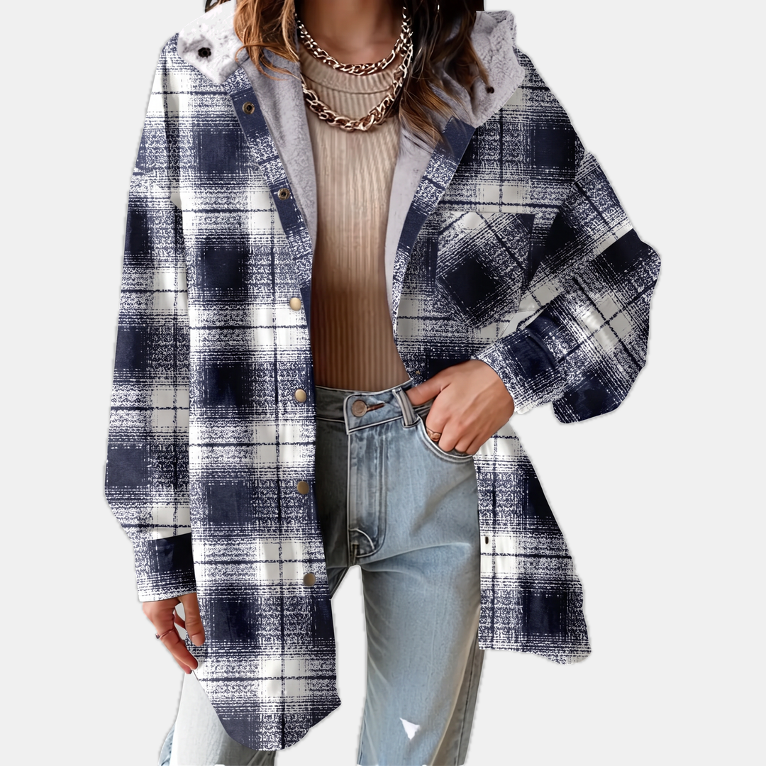 Giacca camicia da donna in flanella a quadri con cappuccio e fodera in pile