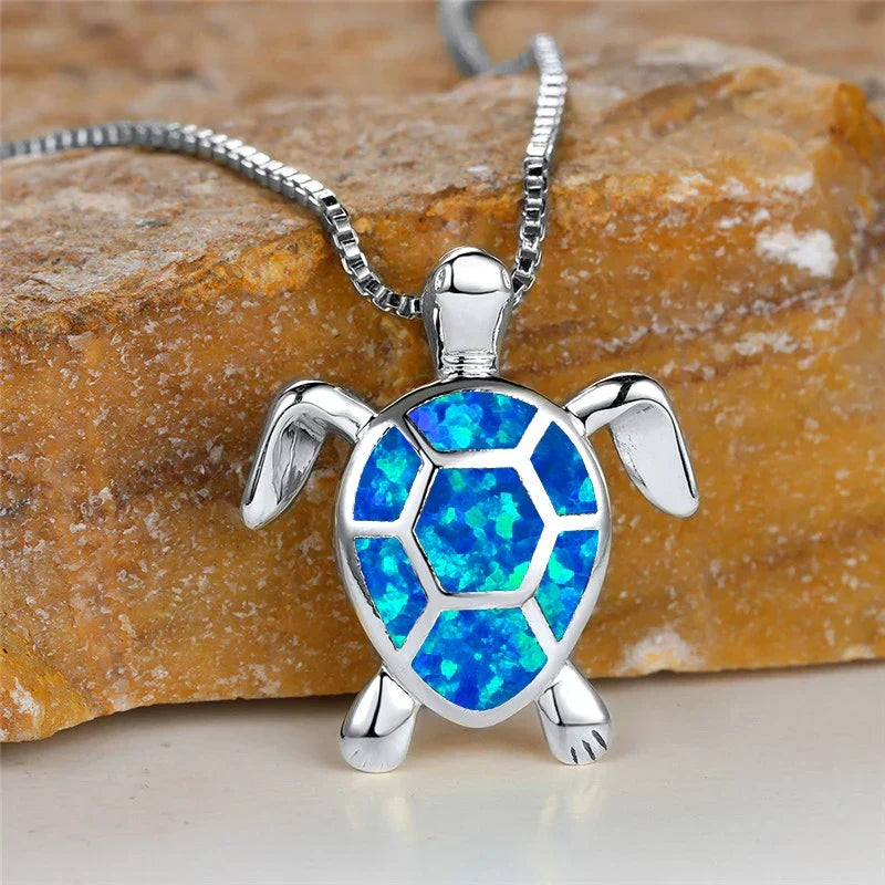 Vintage Collier Pendentif Schildkröte aus Grüner Feueropal