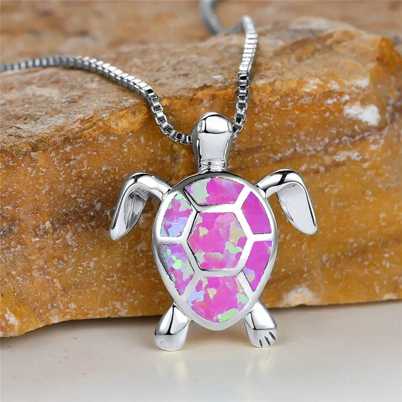 Vintage Collier Pendentif Schildkröte aus Grüner Feueropal