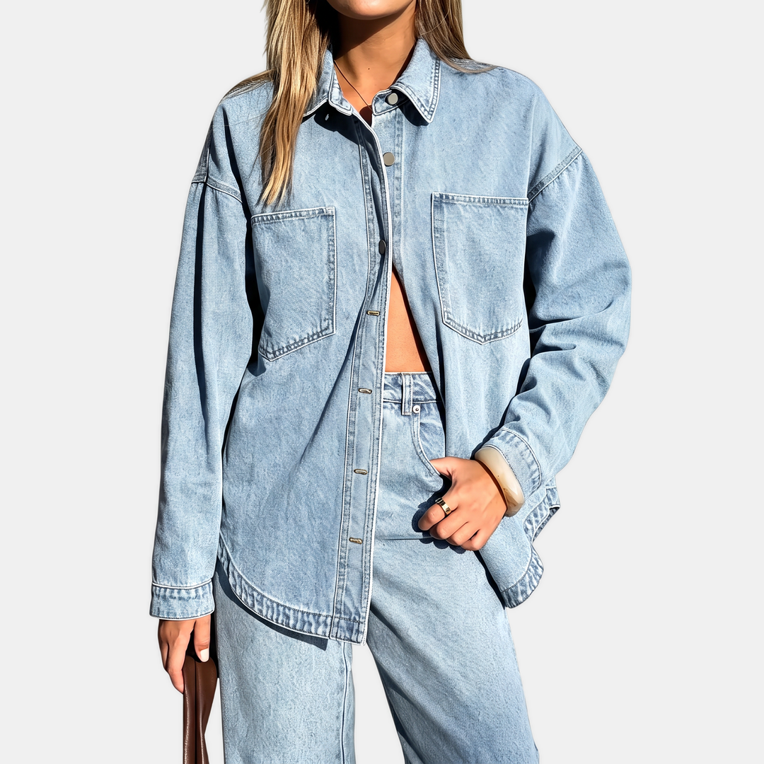 Veste en jean oversize boutonnée délavée à manches longues pour femme