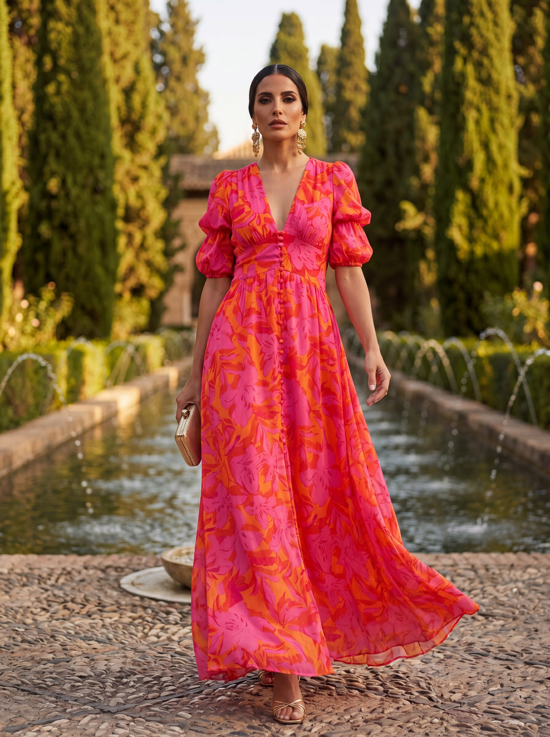 Oliva | Robe longue à motif floral, manches ballon et col en V