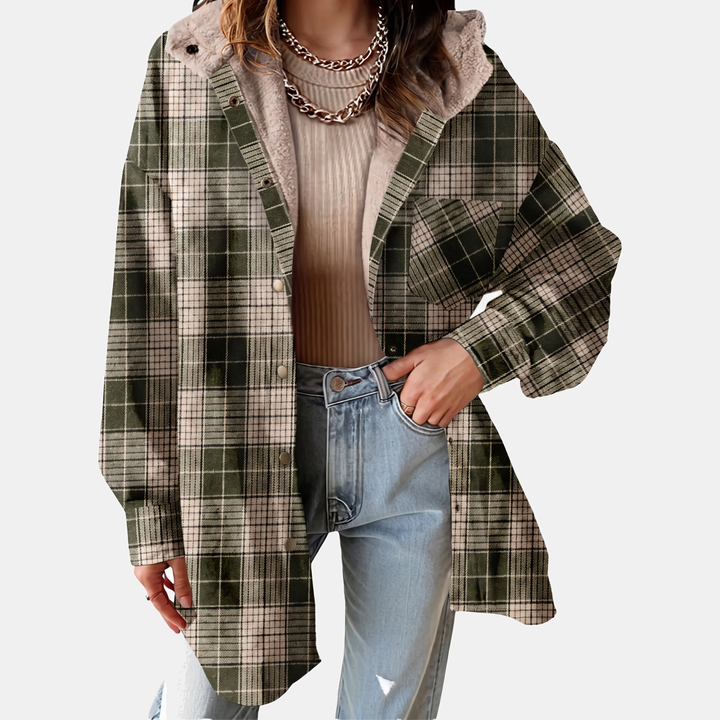 Giacca camicia da donna in flanella a quadri con cappuccio e fodera in pile
