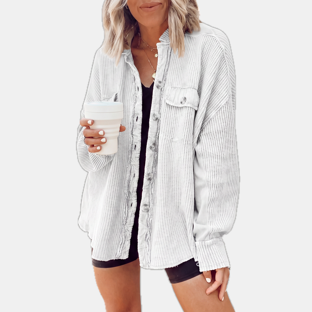 Surchemise oversize boutonnée en maille gaufrée à bord franc pour femme