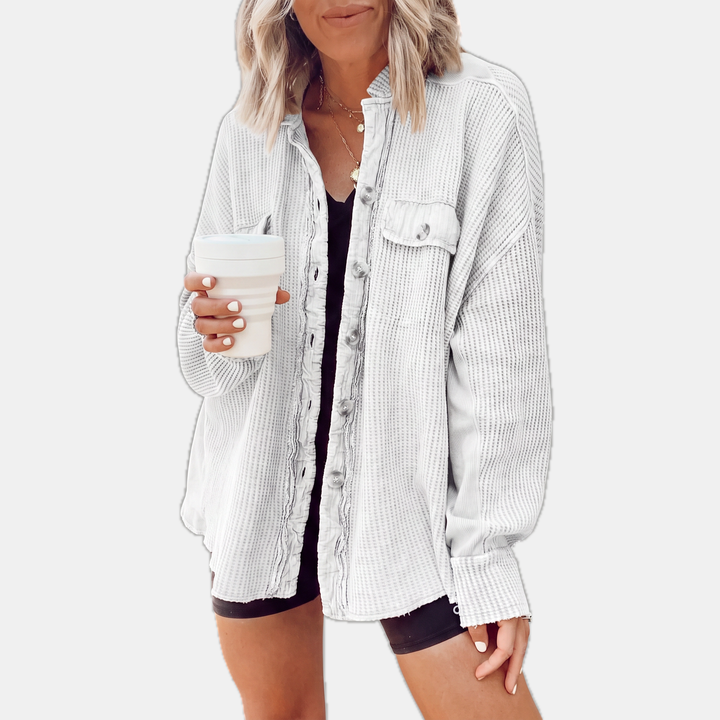 Surchemise oversize boutonnée en maille gaufrée à bord franc pour femme