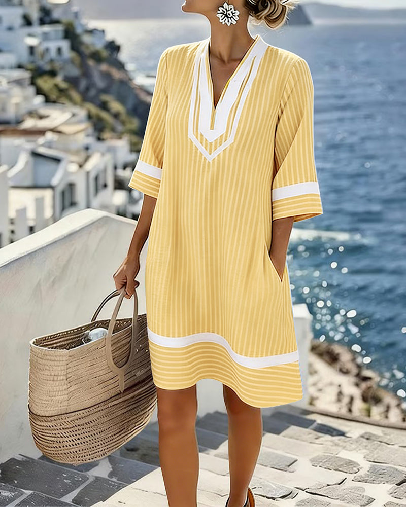 Klara - Robe rayée à manches courtes avec col en V