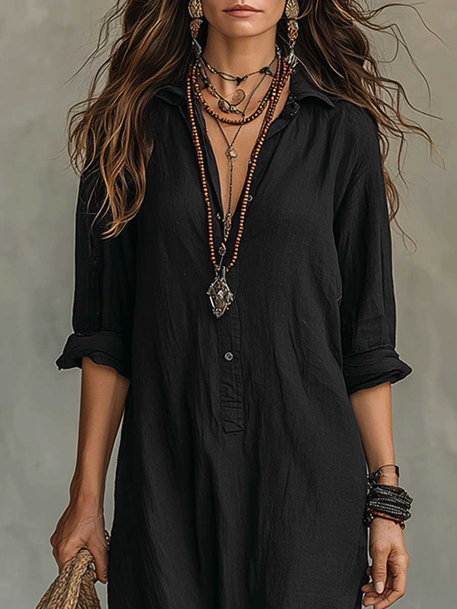 Robe longue bohème à boutons sur le devant noire