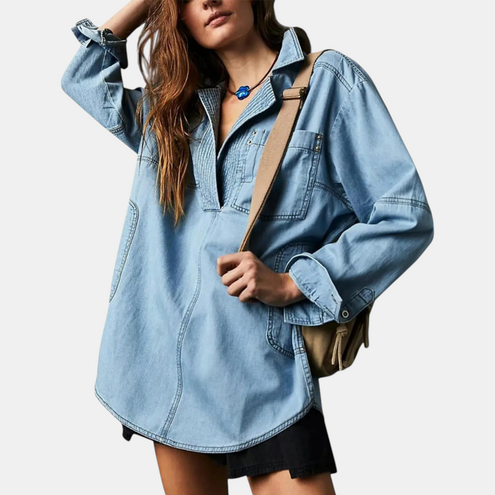 Camicia pullover in denim oversize con scollo a V da donna