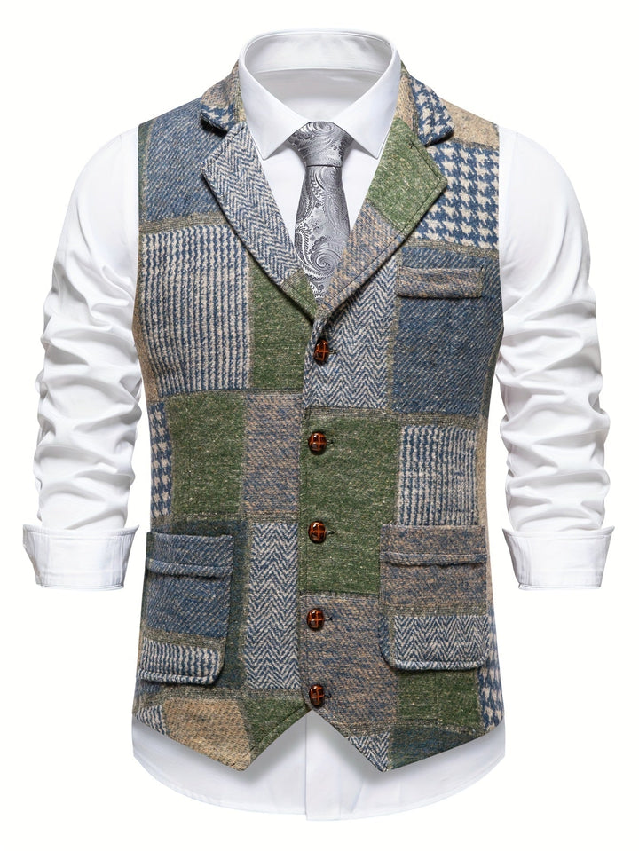 Léo | Gilet en tweed patchwork à motif chevrons