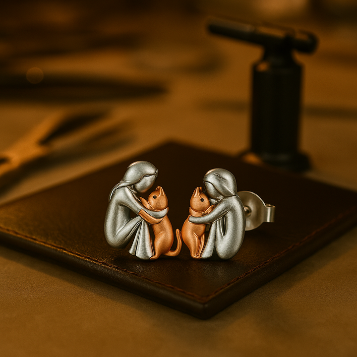 Boucles d'oreilles chat câlin bicolores argent et or