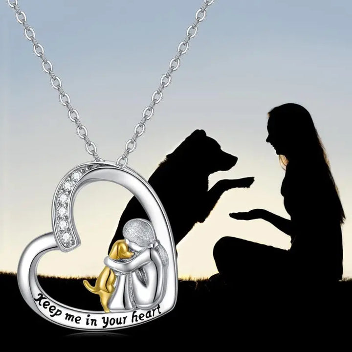 Collana in argento con cuore, cane e zirconi