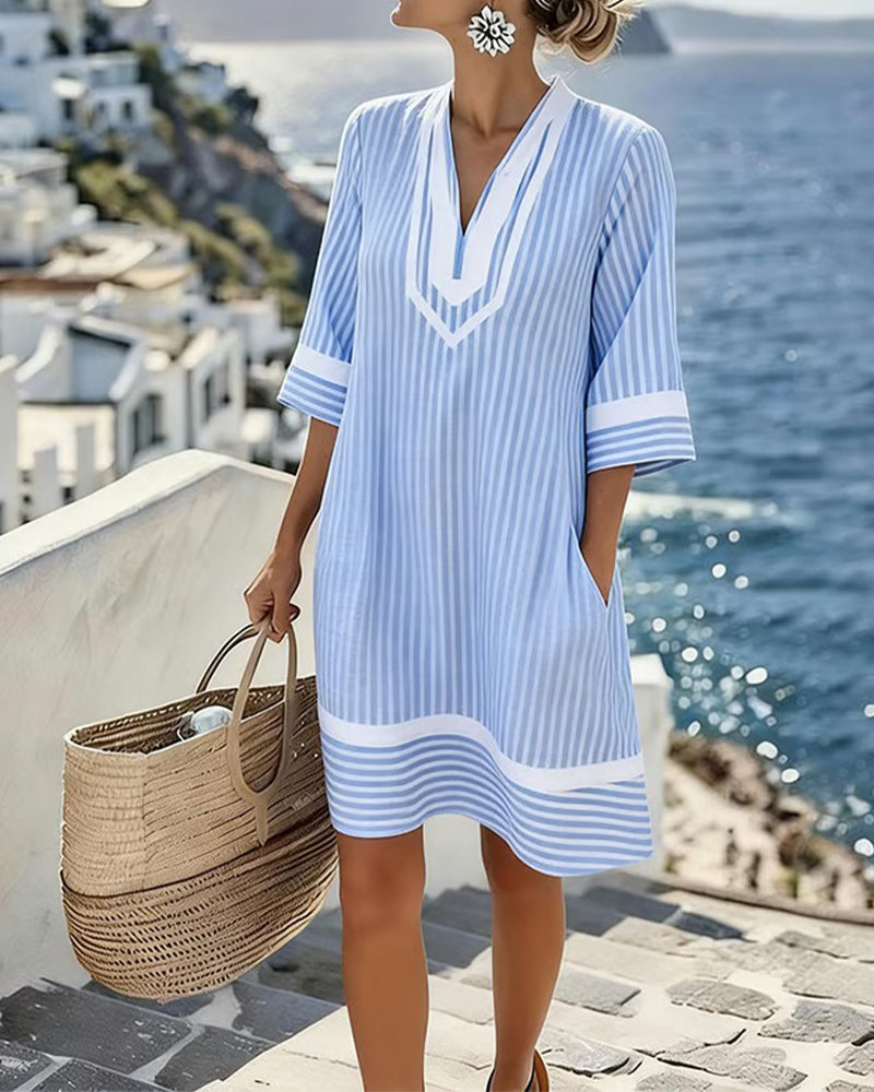 Klara - Robe rayée à manches courtes avec col en V