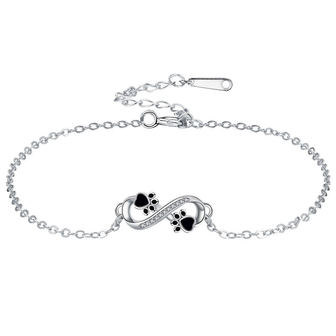 Bracelet avec symbole de l'infini, pendentif avec empreinte de patte et zircone