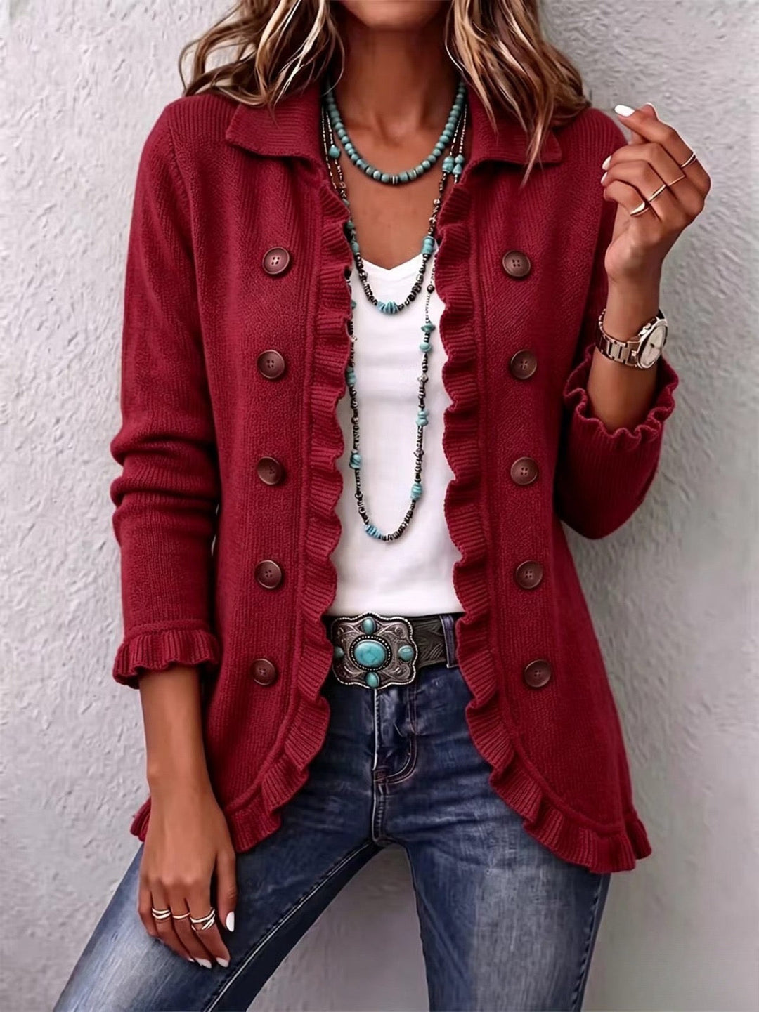 Rosalía | Gilet en maille rouge rubis à volants