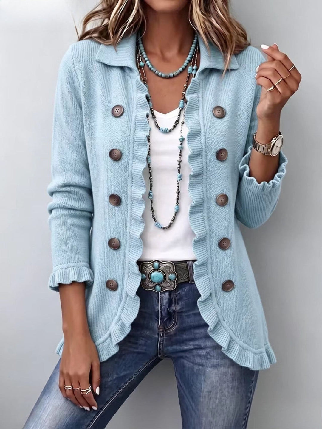 Cecilia | Giacca pullover in blu polvere con volant