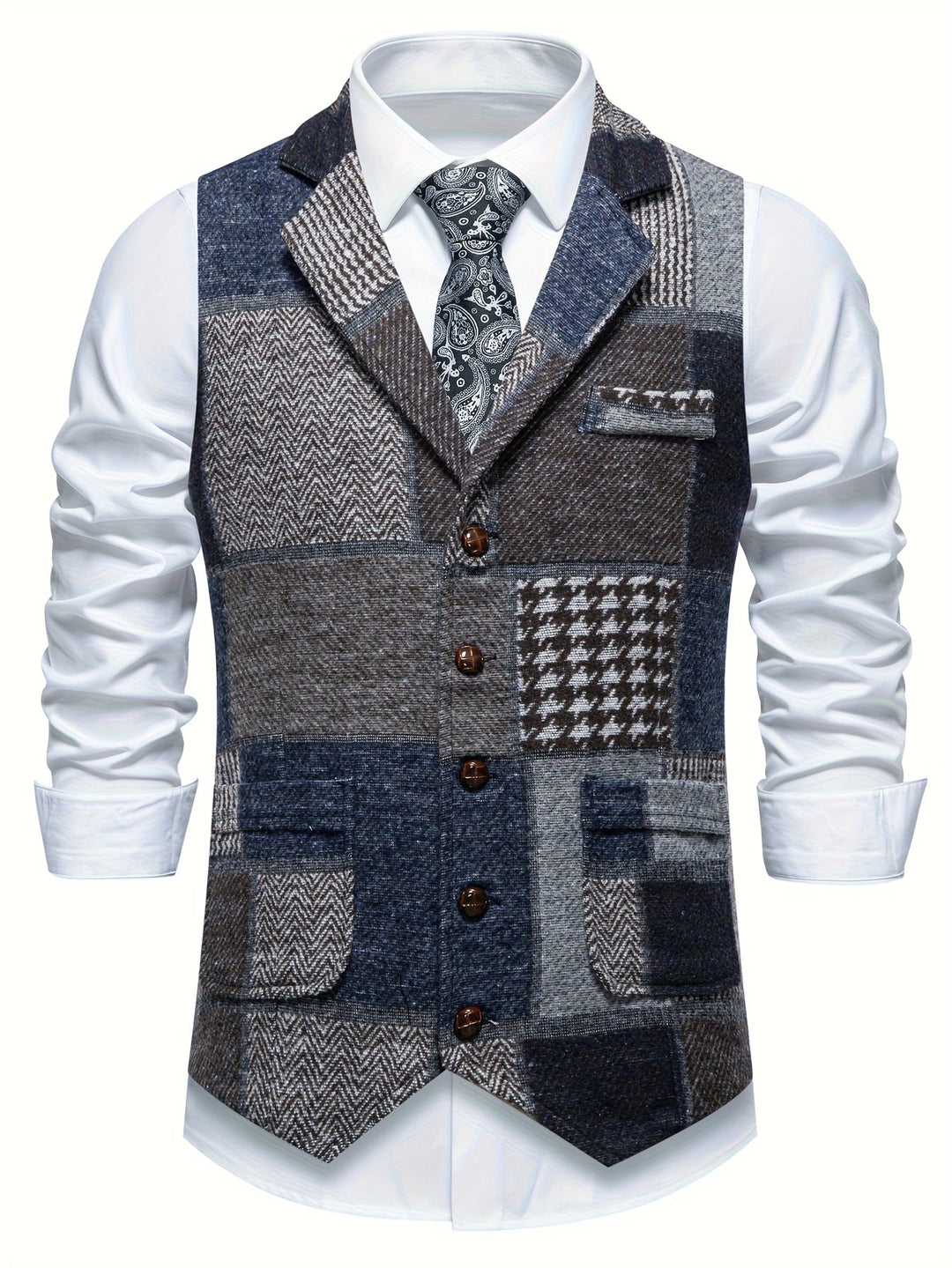 Léo | Gilet en tweed patchwork à motif chevrons