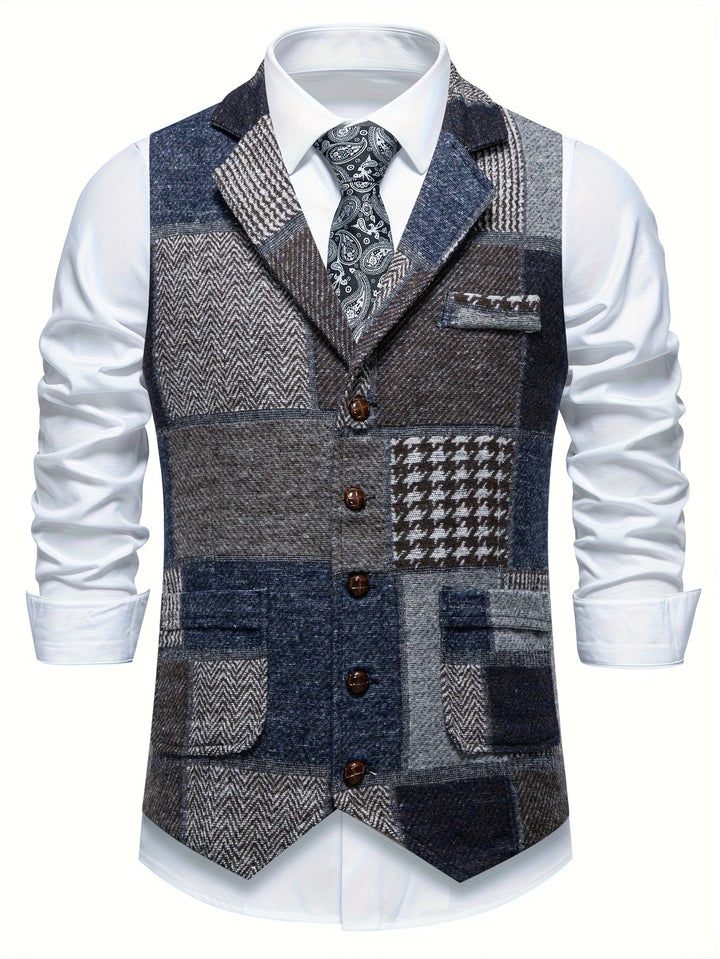 Léo | Gilet en tweed patchwork à motif chevrons