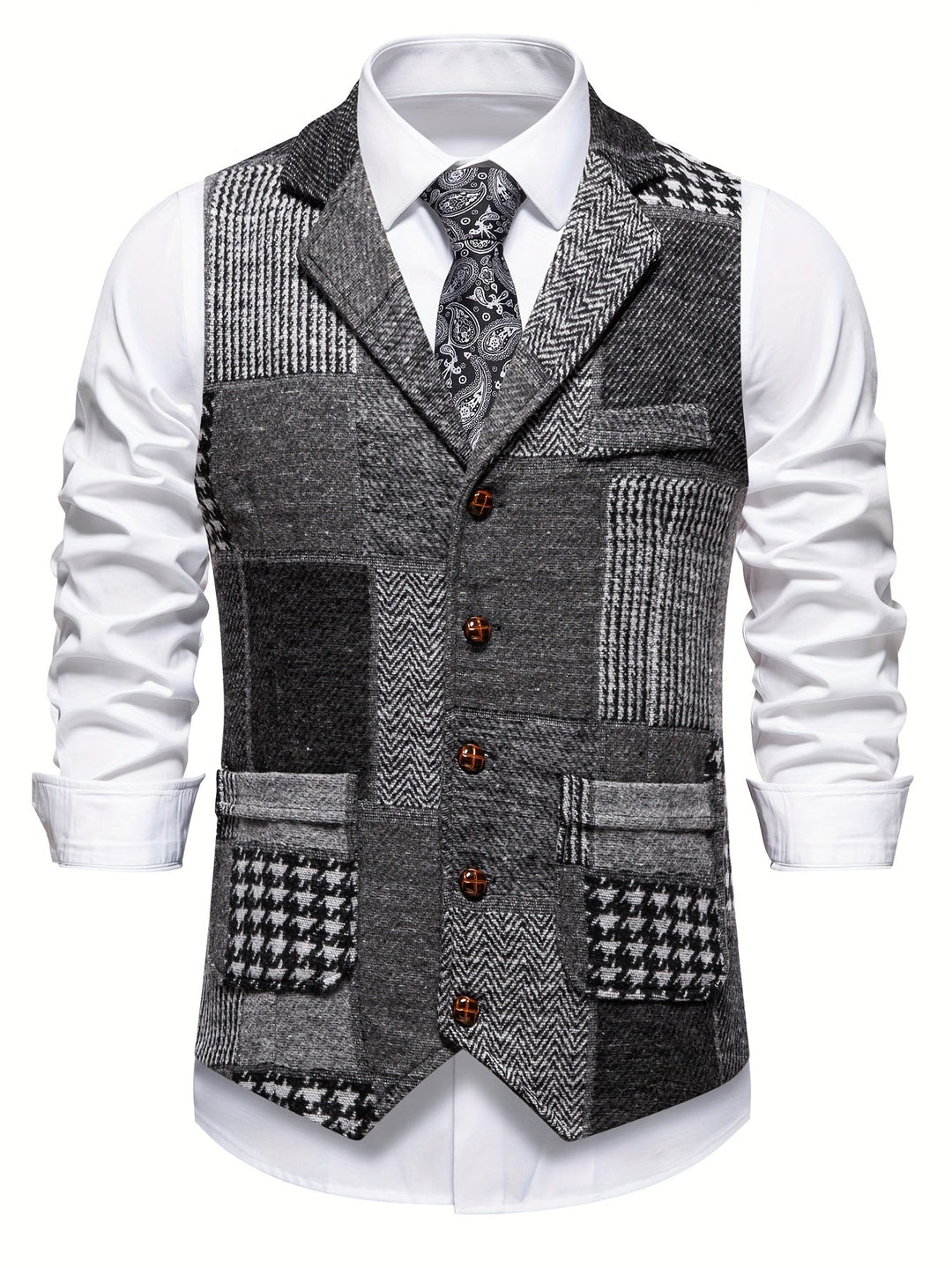Léo | Gilet en tweed patchwork à motif chevrons